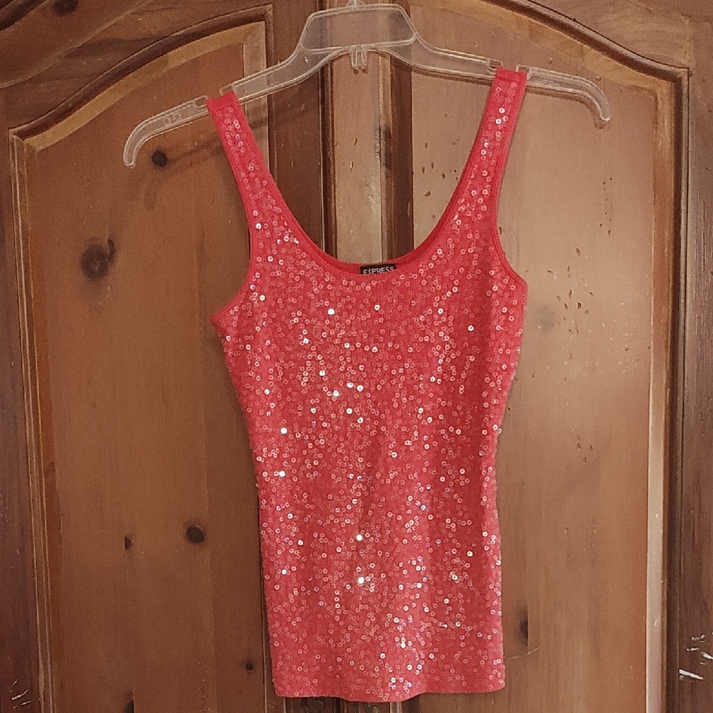 Express Coral Sequin Tank Top - Women's Scoop Neck Sparkle